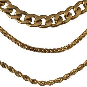 Set Three Ion Plated Gold over Stainless Steel Bracelets Figaro Rope Wheat 7”-9”